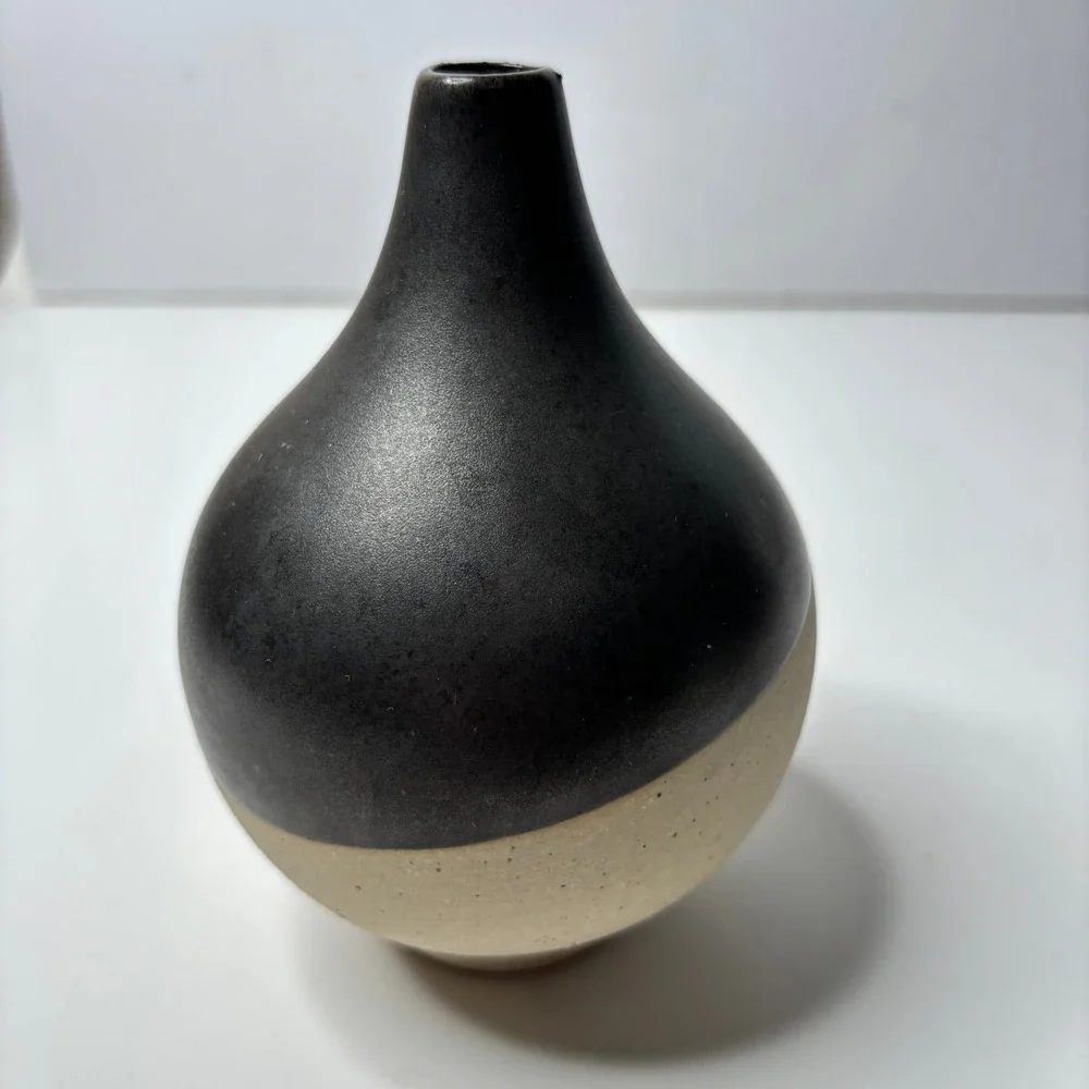 West Elm Black & Tan Two Tone Ceramic Bud Vase Mid Century Modern Minimalist MCM